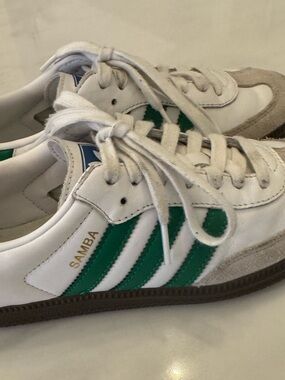 Adidas Sambas White Leather Sneakers with Green Stripes
